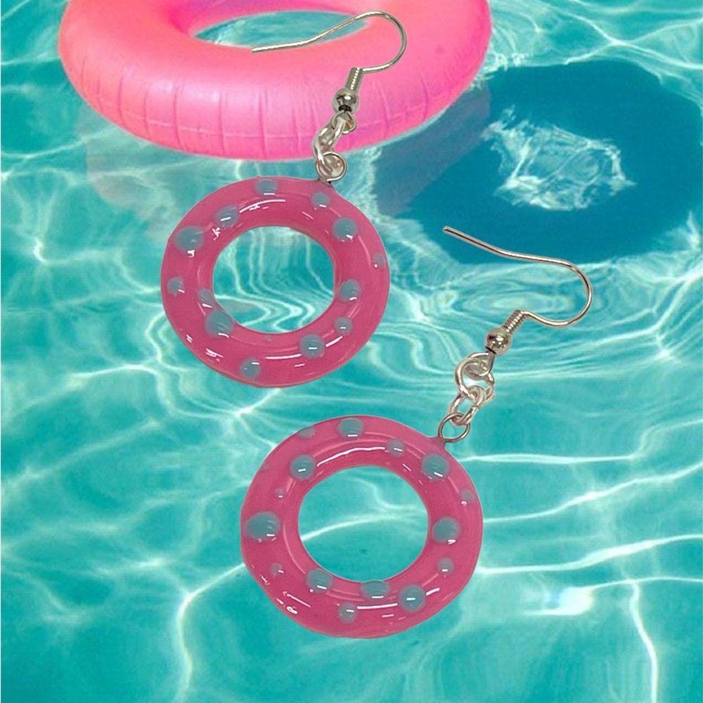 HANDMADE Resin Art Pool Life Preserver Floaty Dangle Earrings, Gift for Her